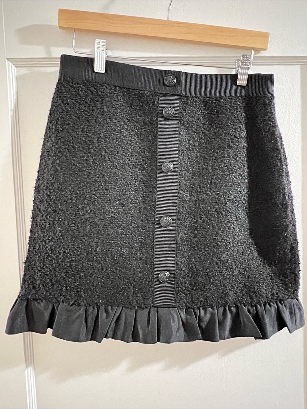LOFT Black Bouclé Button-Front Mini Skirt with Ruffle Hem